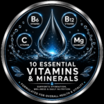 Circular Badge Advertising  Essential Vitamins  Minerals with a Central Water Droplet and B B C Mg Icons Around It