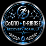 Circular Product Logo for Coq  D Ribose Recovery Formula Featuring a Running Figure and Molecular Diagrams Within a Metallic Ring