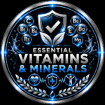 Circular Badge Promoting Essential Vitamins and Minerals with Vitamin Icons Around a Shield Motif