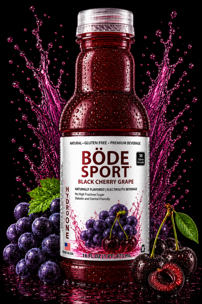 Bottle of BÖde Sport Black Cherry Grape Electrolyte Beverage with a Pink Splash and Clusters of Grapes and Cherries Around It on a Black Background Label Shows the Brand and Flavor