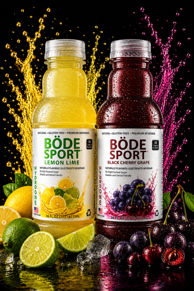 Two Bode Sport Electrolyte Drinkslemon Lime and Black Cherry Grapeon a Black Background with Citrus and Grape Fruit Ice and Colorful Splashes Behind Them