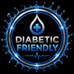 Circular Badge Reading Diabetic Friendly in Silver and Blue with a Blue Drop Symbol and Heartbeat Line on a Black Background Informational Badge