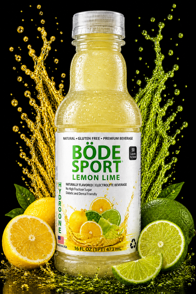 Bottle of Böde Sport Lemon Lime Electrolyte Drink with Lemon and Lime Slices and Citrus Splash Behind on Black Background