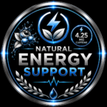 Circular Badge Reading Natural Energy Support with a Blue Lightning Bolt Leaves and a  Mg Caffeine Label