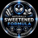 Circular Product Badge Reading Naturally Sweetened Formula with Leaf Logo Water Droplets and Icons for Cane Sugar Stevia Extract and Great Taste on a Black Metallic Background