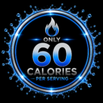 Circular Badge with Blue Flame Logo and the Text Only  Calories Per Serving on a Black Background Blue Splash Border Emphasizes the Seal