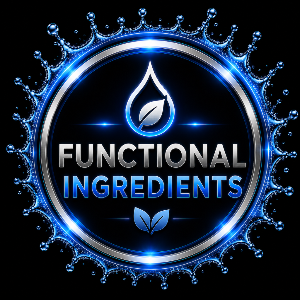 Circular badge featuring a blue, glowing emblem and the words 'FUNCTIONAL INGREDIENTS' in metallic letters against a black background.