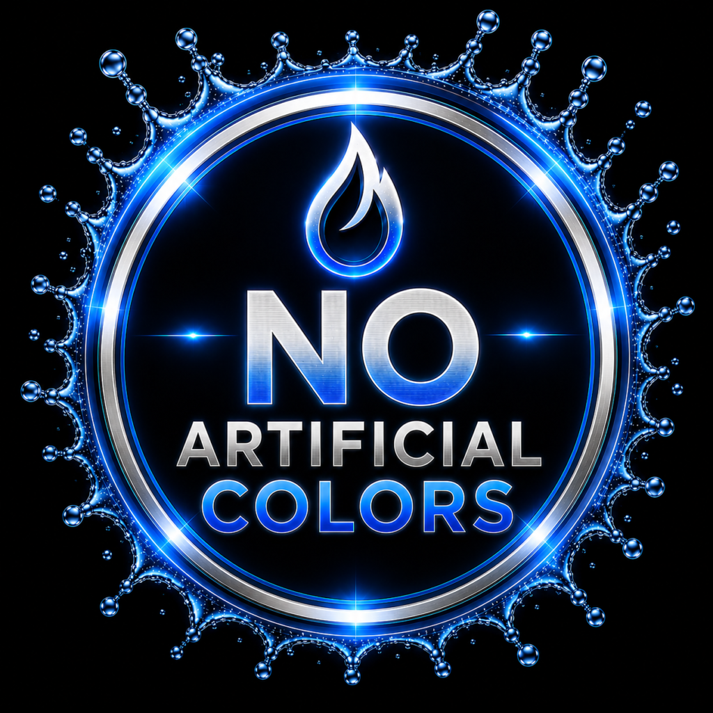 Circular blue neon badge stating 'NO ARTIFICIAL COLORS' with a water-drop icon and glowing ring design.