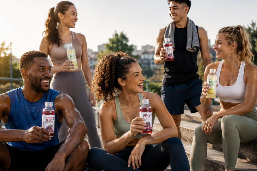 Group of Diverse Friends in Workout Clothes Holding Bottles of Bode Sport Drinks and Chatting Outdoors on a Sunny Day