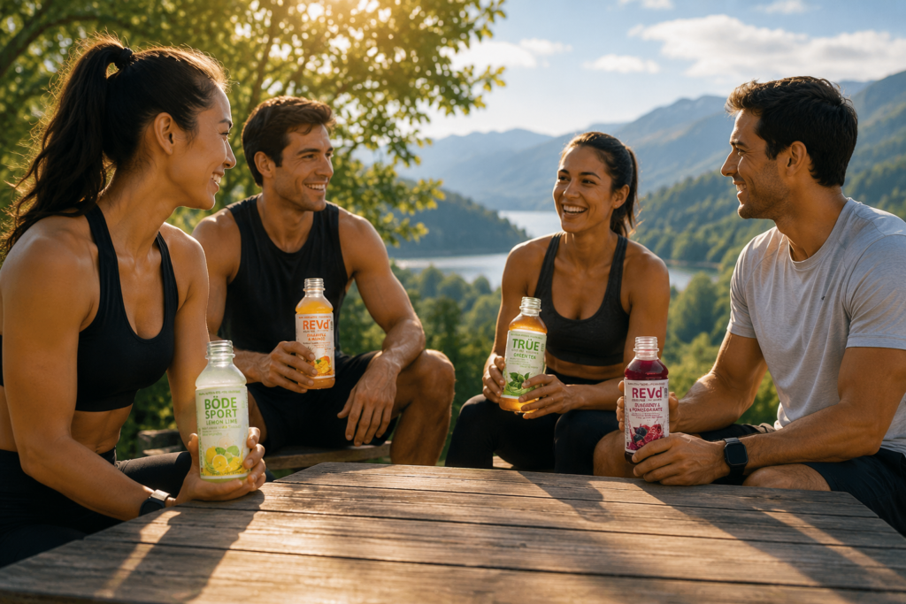 Four Friends in Workout Clothing Sit at a Wooden Table Outdoors Each Holding Colorful Bottled Drinks with a Mountainous Landscape Behind Them