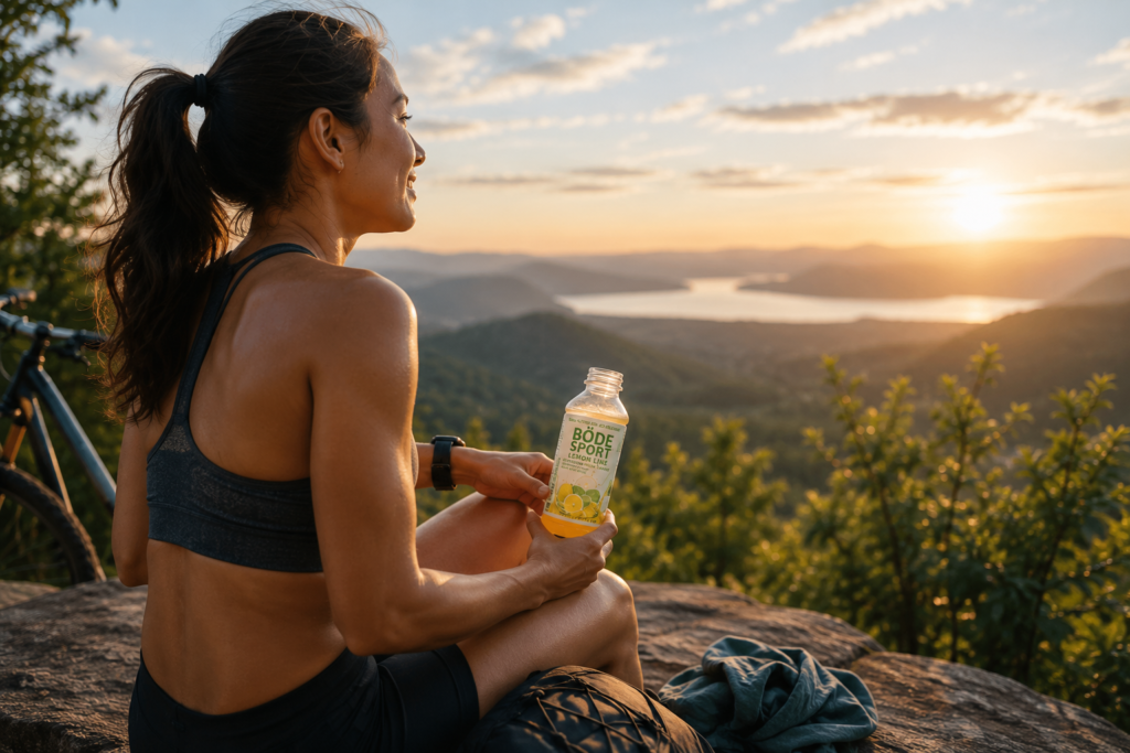 Runner rests on a rock at sunset, holding a BODE SPORT Lemon Lime bottle with a bicycle parked nearby and a scenic valley ahead