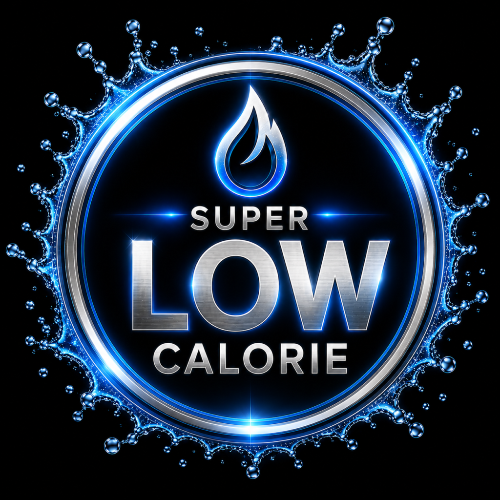 Neon blue circular label announcing 'SUPER LOW CALORIE' with a flame-like droplet icon and splash border against a black background.