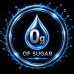 Zero Grams of Sugar Symbol a Glowing Blue Droplet with G and of Sugar Inside a Metallic Blue Ring Indicating Sugar Free