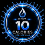 Neon Blue Badge Stating Only  Calories Per Serving with a Circular Silver Ring and Water Droplet Design Surrounding
