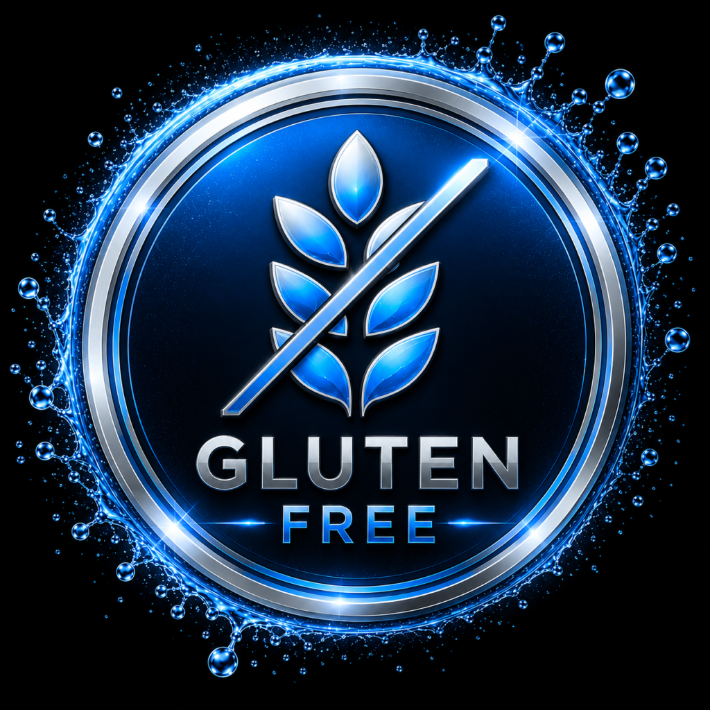 Blue circular gluten-free badge with a crossed-out wheat stalk and GLUTEN FREE text below.