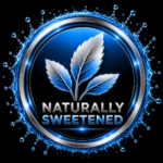 Circular Badge with a Metallic Rim Blue Leaves and the Words Naturally Sweetened on a Dark Background with a Blue Glow Around the Edge