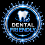 Blue Circular Badge with a Tooth Icon and Checkmark Stating Dental Friendly for Dental Product Credibility