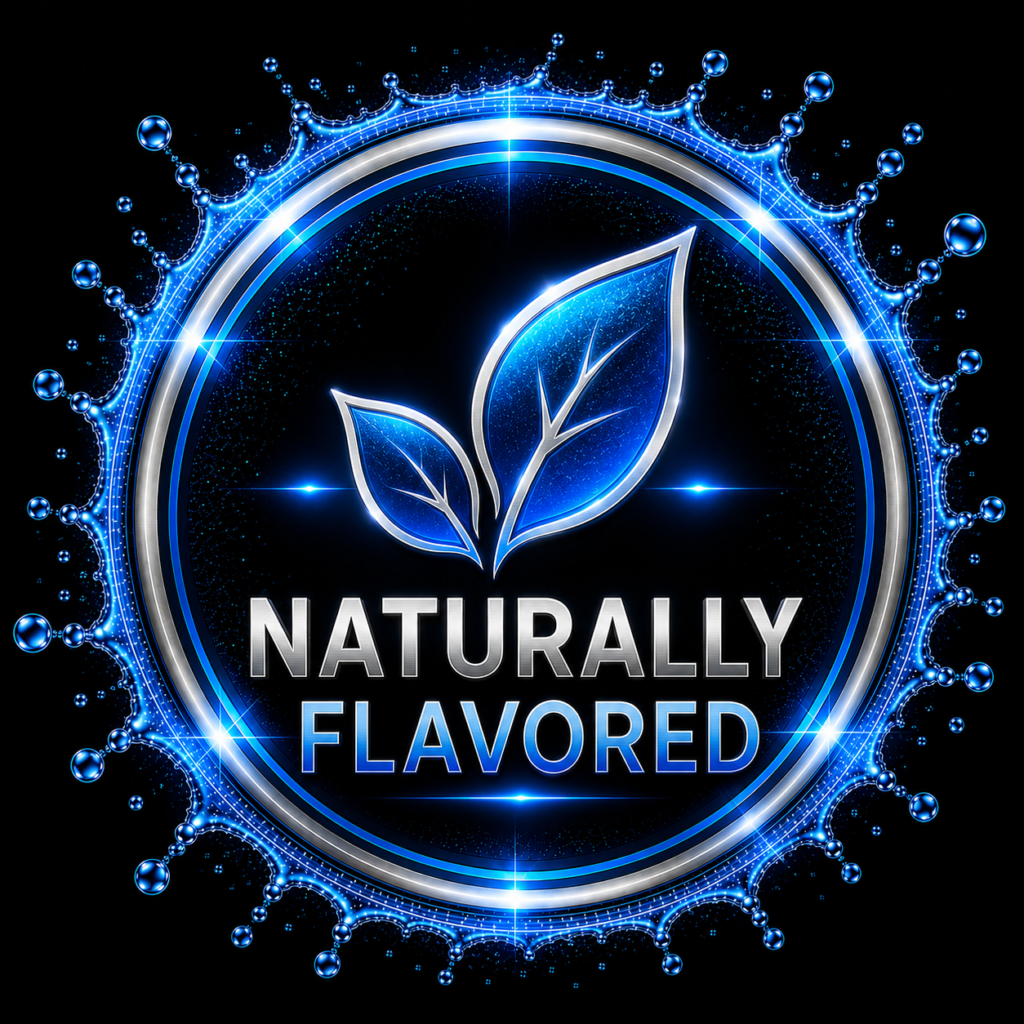 Circular neon blue emblem featuring two blue leaves and the text 'Naturally Flavored' in metallic lettering, on a black background