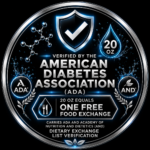 Circular Metallic Seal Verified by the American Diabetes Association Ada   Oz Equals One Free Food Exchange