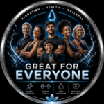 Circular Fitness Promo Badge Featuring Diverse Group of People with a Water Splash Text Great for Everyone and Icons for Active Lifestyles Fitness Goals Daily Hydration Health  Wellness