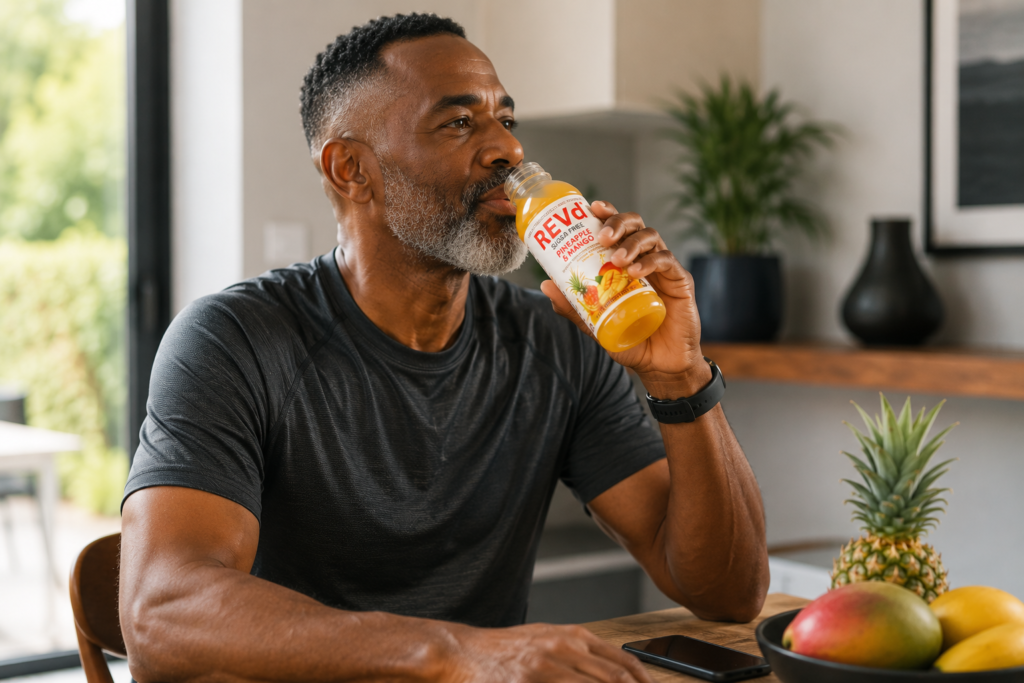 Man in a dark athletic shirt drinks orange tropical juice from a bottle at a kitchen table with fruit nearby