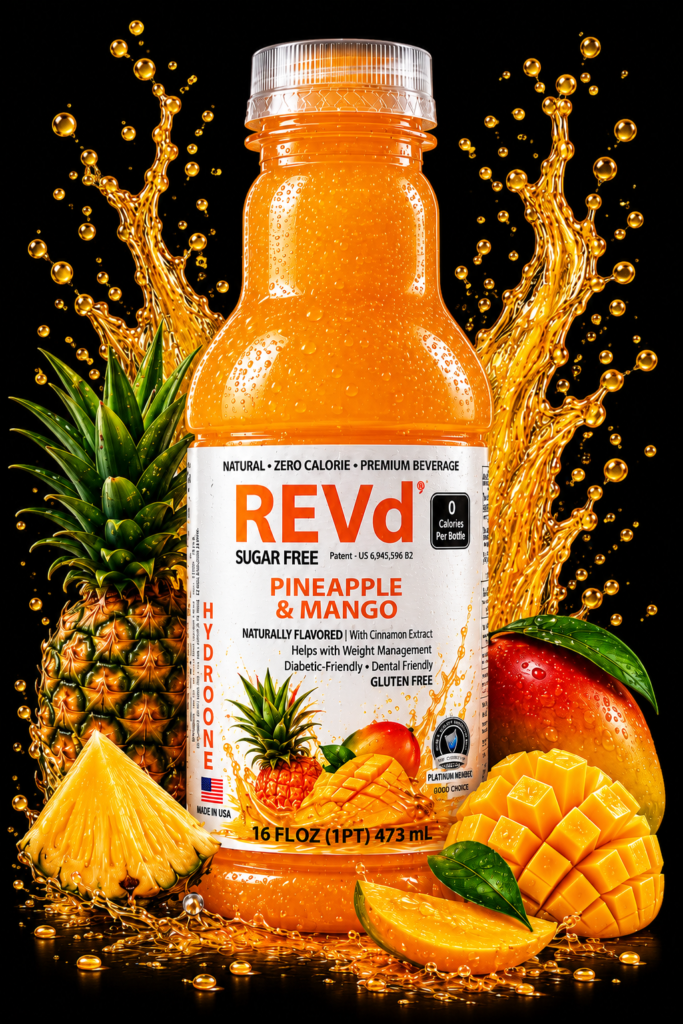 Revd Pineapple  Mango Juice Bottle with Orange Splash Surrounded by Pineapple and Mango on a Black Background