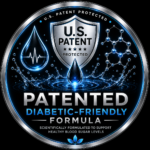 Circular Metallic Badge with Blue Glow Reading Us Patent Protected and Patented Diabetic Friendly Formula Amid Water Droplets and Molecular Graphics Conveying Patent Protection and Health Claim