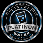 Platinum Water Badgeaward Medal with Ribbon Reading Platinum and Best of Show for World Beverage Competition Featuring a Blue Neon Glow and a Stylized Glass Icon