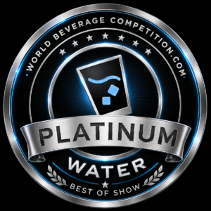 Platinum Water Badgeaward Medal with Ribbon Reading Platinum and Best of Show for World Beverage Competition Featuring a Blue Neon Glow and a Stylized Glass Icon