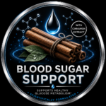 Circular Product Label for Blood Sugar Support Showing Cinnamon Sticks Green Leaves a Blue Droplet and the Phrase with Cinnamon Extract on a Dark Background in a Metallic Rim