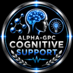 Circular Badge for Alpha Gpc Cognitive Support with a Glowing Blue Brain Molecular Model Lightbulb Icon Laurel Branches and Heartbeat Line