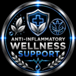 Circular Emblem Labeled Anti Inflammatory Wellness Support with a Shield Blue Cross and Laurel Leaves on a Dark Background