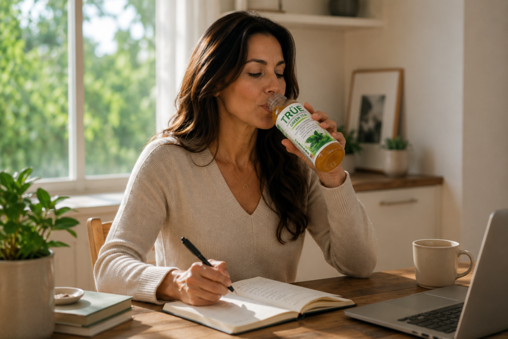 Woman sitting at a wooden desk writing in a notebook while sipping a bottle labeled True Green Tea, with a laptop open beside her.
