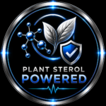 Circular Metallic Emblem with Blue Highlights Showing Plant Leaves a Blue Molecular Model a Shield with a Check Mark and the Text Plant Sterol Powered