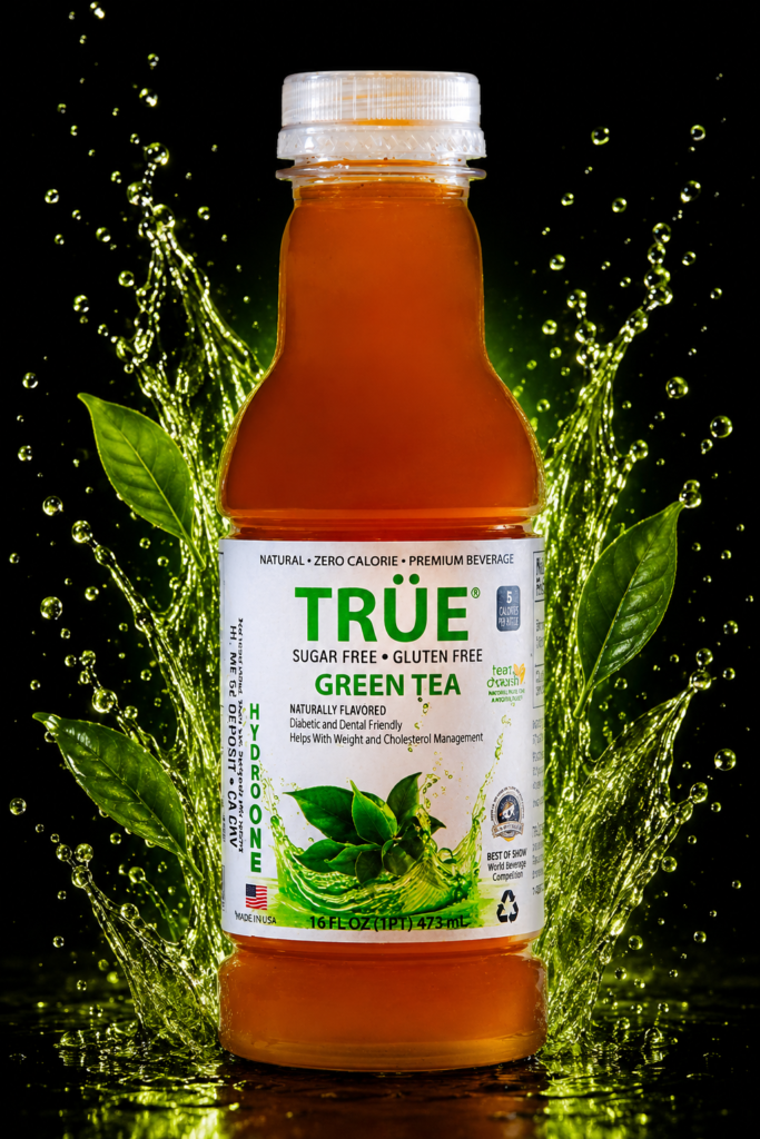 TrÜe Green Tea Bottle with Lime Green Splash Behind Showcasing a Natural Sugar Free Beverage Label on a Dark Background