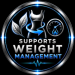 Circular Badge with a Stylized Waist Silhouette Leaves and a Blue Ringtext Reads Supports Weight Management with an Ecg Style Line at Bottom