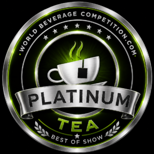 Award Badge for Platinum Tea from World Beverage Competition Featuring a Silver Cup with Steam and a Curved Platinum Tea Ribbon Blackgreen Design