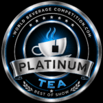 Shiny Silver Circular Award Seal with a Teacup Icon the Word Platinum on a Ribbon and Tea with Laurels a Prestige Badge for a Competition