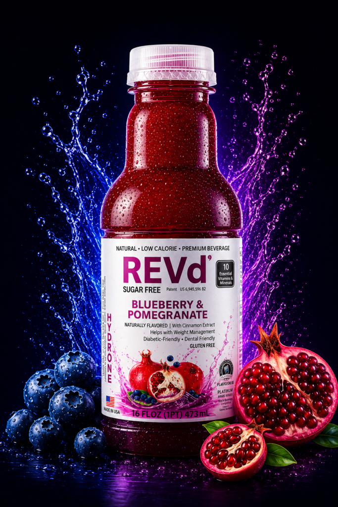 Bottle of Revd Sugar Free Blueberry  Pomegranate Beverage with Bluepurple Splash in the Background
